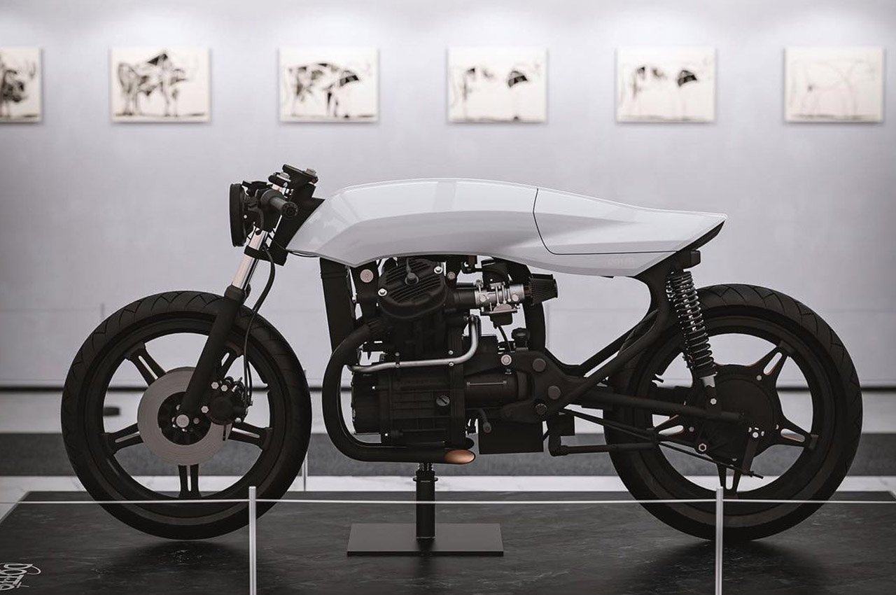 a rebuilt 1997 Honda CX500 christened ‘the Biancaneve,’ or ‘Snow White’, courtesy of Dotto Creations