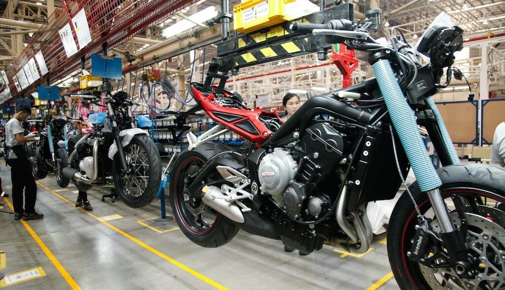 A view of a triumph motorcycle in the manufacturing phase