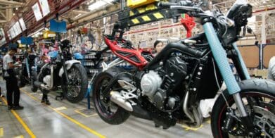 A view of a triumph motorcycle in the manufacturing phase