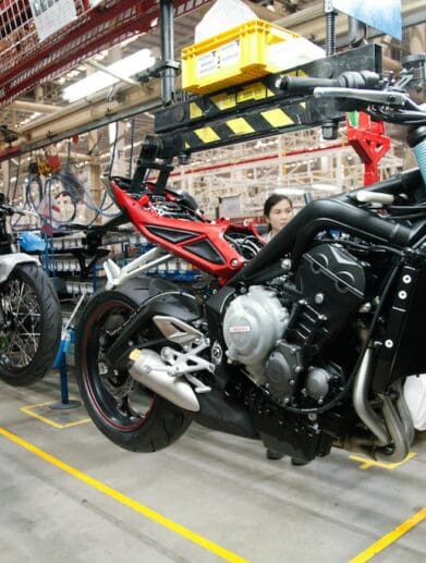 A view of a triumph motorcycle in the manufacturing phase