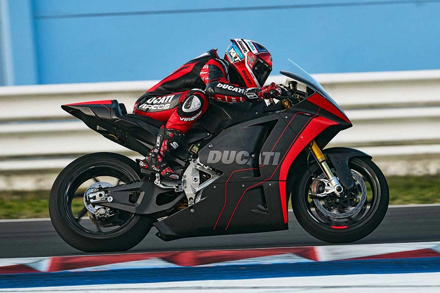 A view of the new MotoE electric prototype being tested on the track at Misano by Ducati rider and tester, Michele Pirro