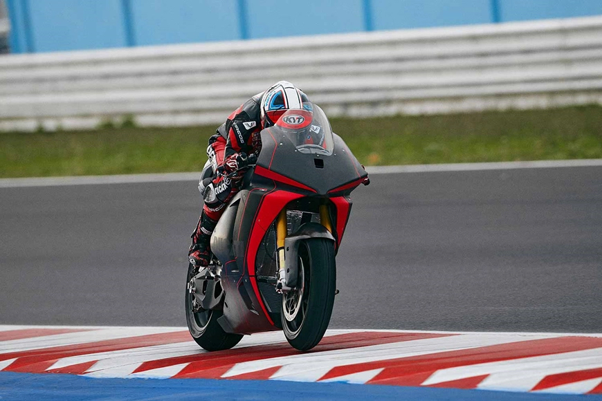 A view of the new MotoE electric prototype being tested on the track at Misano by Ducati rider and tester, Michele Pirro