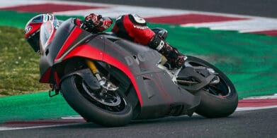 A view of the new MotoE electric prototype being tested on the track at Misano by Ducati rider and tester, Michele Pirro