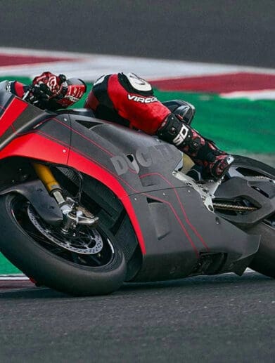 A view of the new MotoE electric prototype being tested on the track at Misano by Ducati rider and tester, Michele Pirro