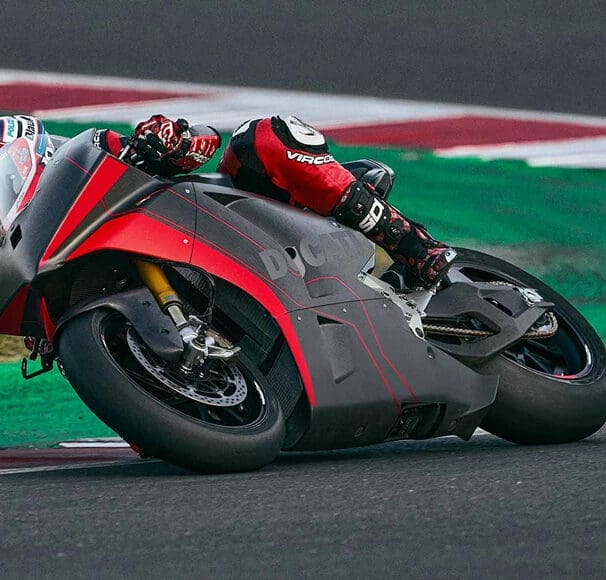 A view of the new MotoE electric prototype being tested on the track at Misano by Ducati rider and tester, Michele Pirro