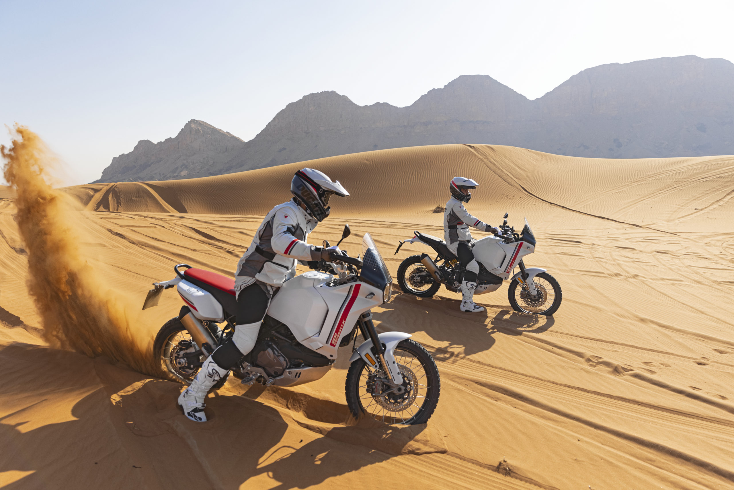 A view of the Ducati DesertX being ridden in the desert