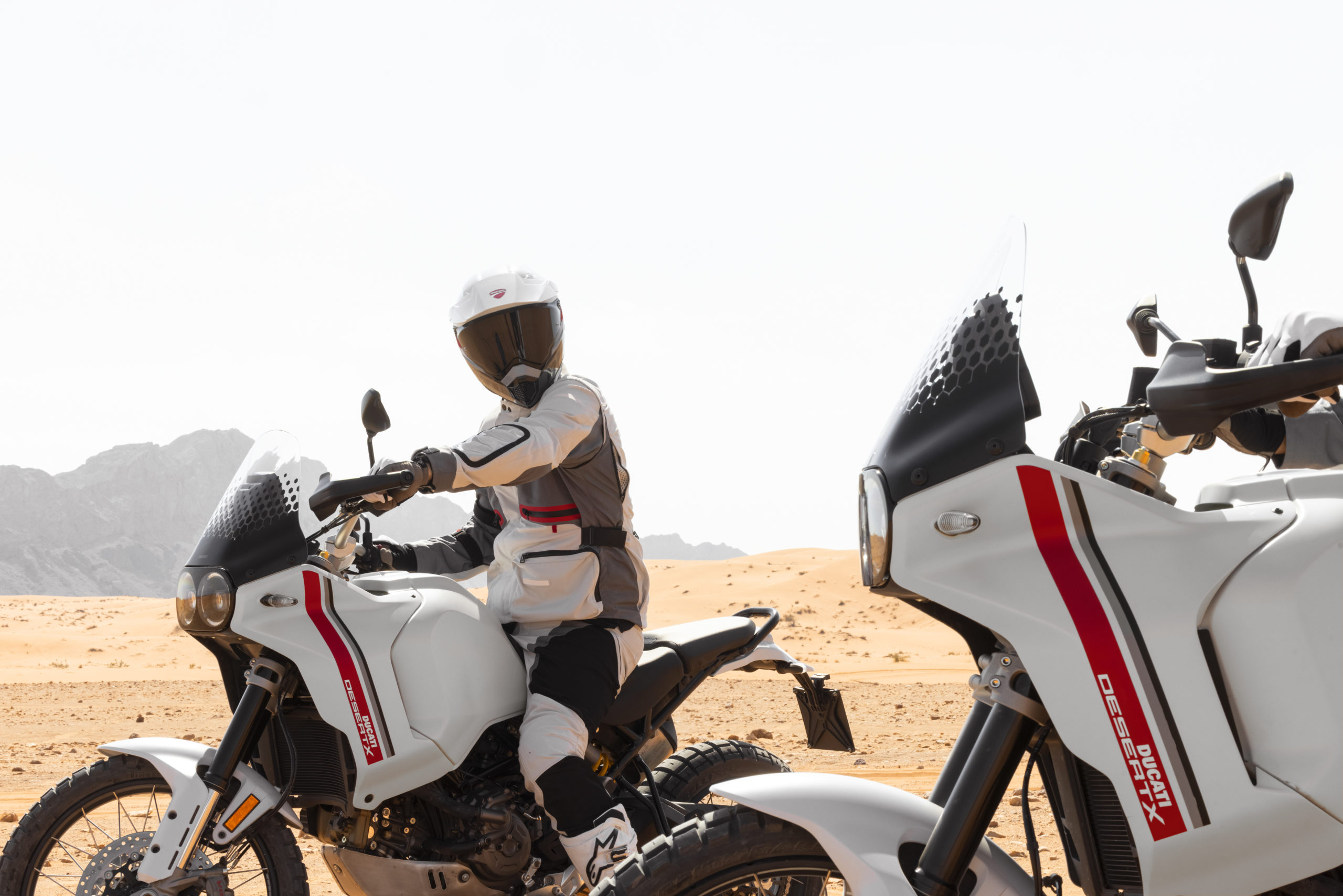 A view of the Ducati DesertX being ridden in the desert