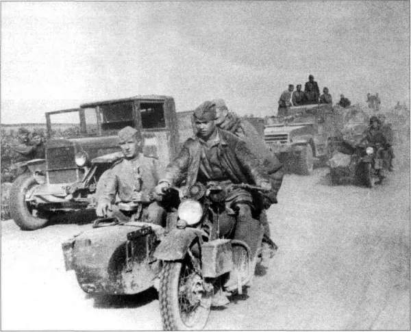 A view of the military troops that used the Harley-Davidson motorcycles - specifically, the WLA 'Liberators'