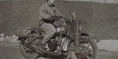 A view of the military troops that used the Harley-Davidson motorcycles - specifically, the WLA 'Liberators'