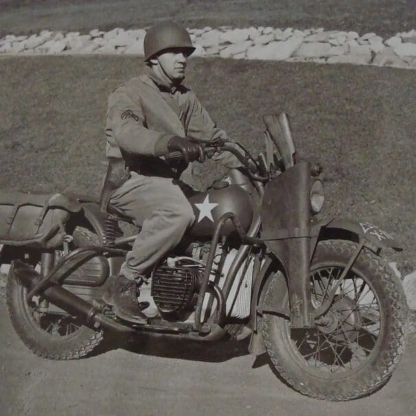 A view of the military troops that used the Harley-Davidson motorcycles - specifically, the WLA 'Liberators'