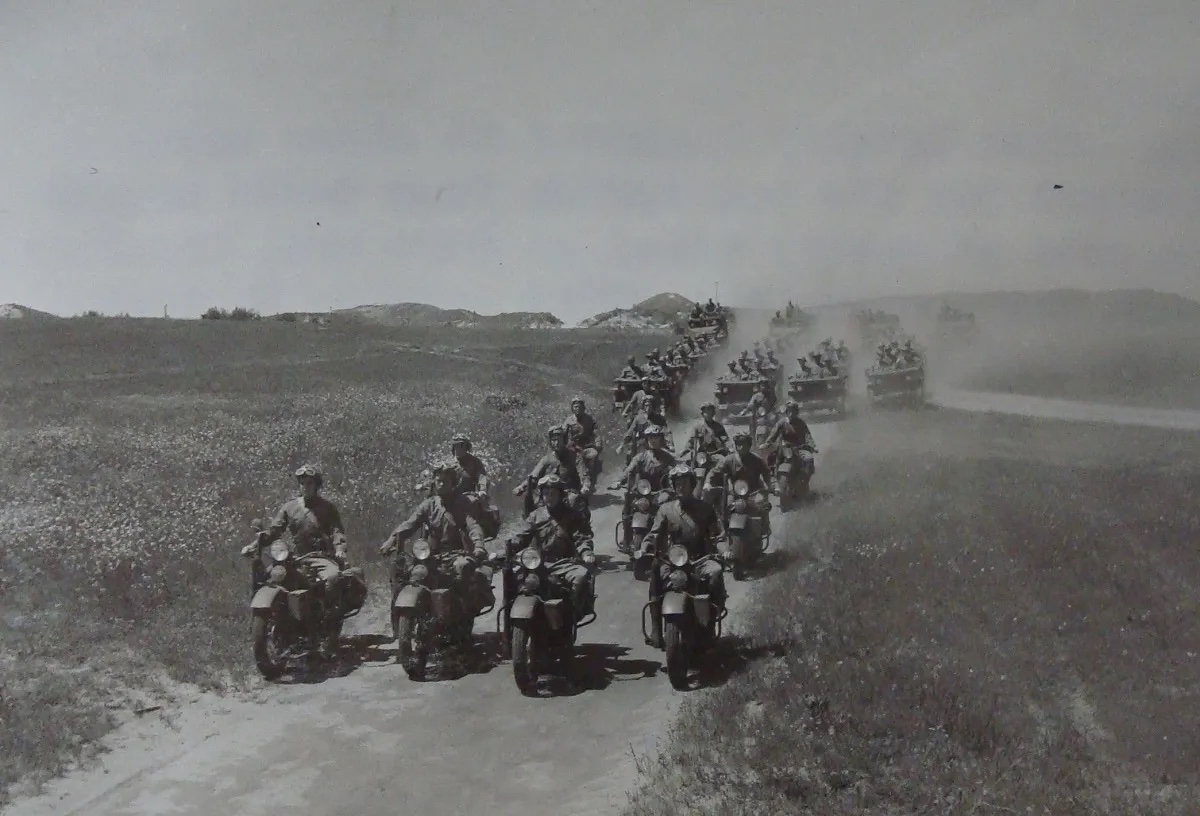 A view of the military troops that used the Harley-Davidson motorcycles - specifically, the WLA 'Liberators'