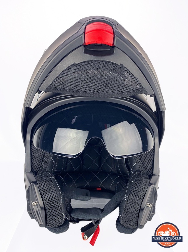 Front view of Quin Quest Smart Helmet with chin bar raised