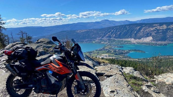 KTM 790 adventure motorcycle on hill above Vernon in British Columbia