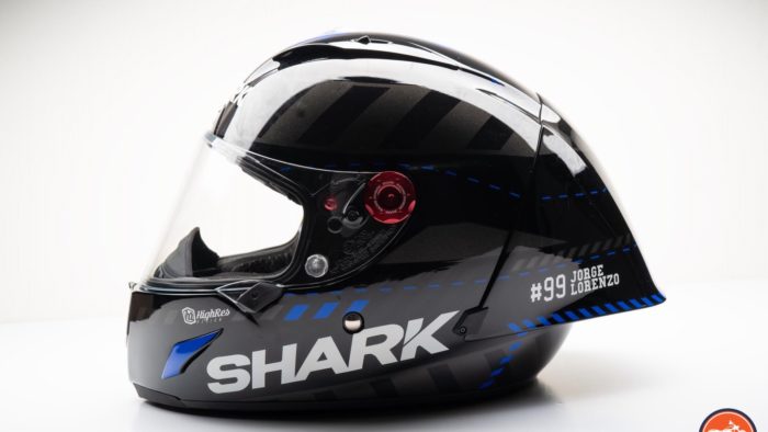 Left side view of Race-R Pro GP Spoiler Lorenzo Winter Test Edition Helmet