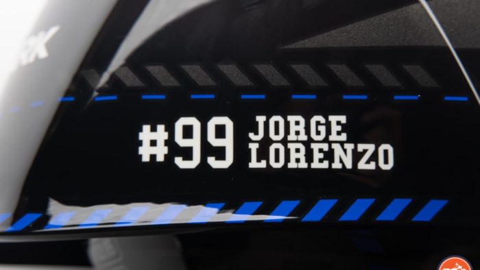 Close up of Jorge Lorenzo's name on Race-R Pro GP Spoiler Lorenzo Winter Test Edition Helmet Close up of Jorge Lorenzo's name on Race-R Pro GP Spoiler Lorenzo Winter Test Edition Helmet