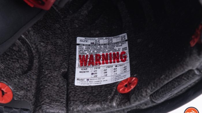 Warning label inside Race-R Pro GP Spoiler Lorenzo Winter Test Edition Helmet