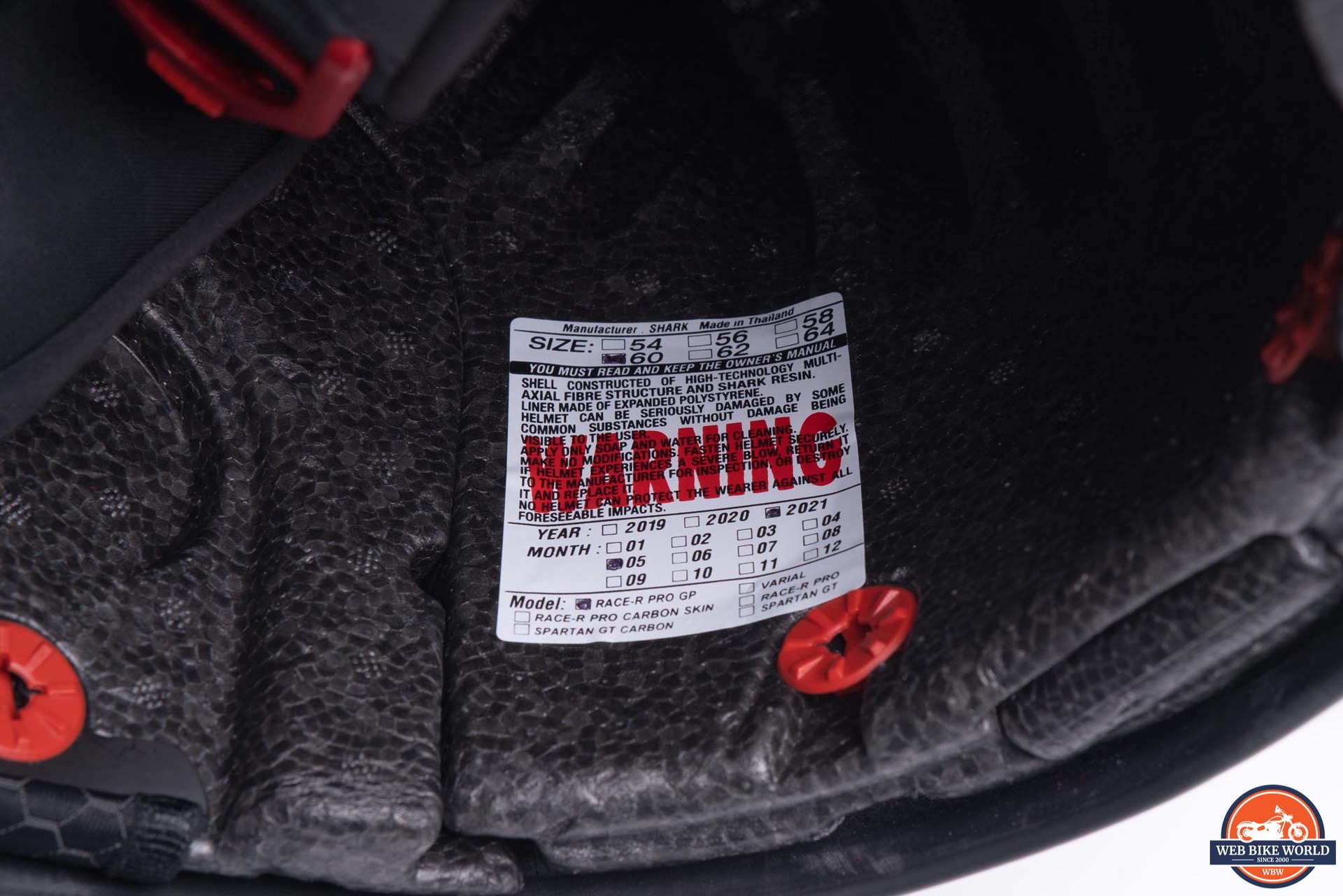 Warning label inside Race-R Pro GP Spoiler Lorenzo Winter Test Edition Helmet