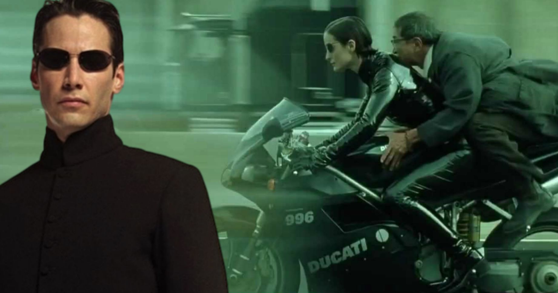 A view of Keanu Reeves set in front of a green background from the Matrix trilogy, where an actress takes a member of reality through a gruelling bike chase