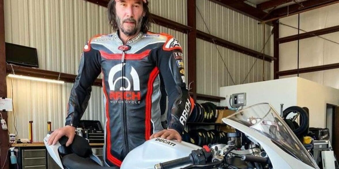 A view of Keanu Reeves testing out the Ducati Panigale V2