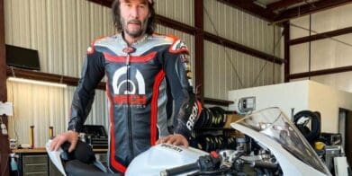 A view of Keanu Reeves testing out the Ducati Panigale V2