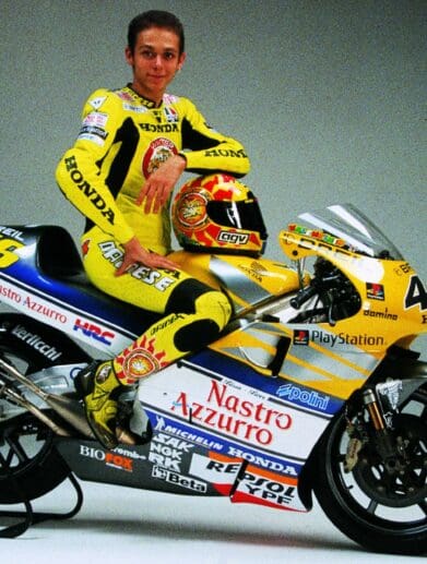 Valentino Rossi with the NSR500 - a bike that he raced back when he was a part of the Honda team in 2001