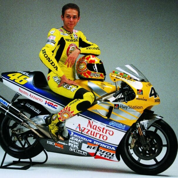 Valentino Rossi with the NSR500 - a bike that he raced back when he was a part of the Honda team in 2001