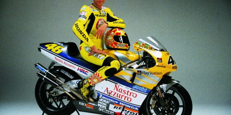 Valentino Rossi with the NSR500 - a bike that he raced back when he was a part of the Honda team in 2001