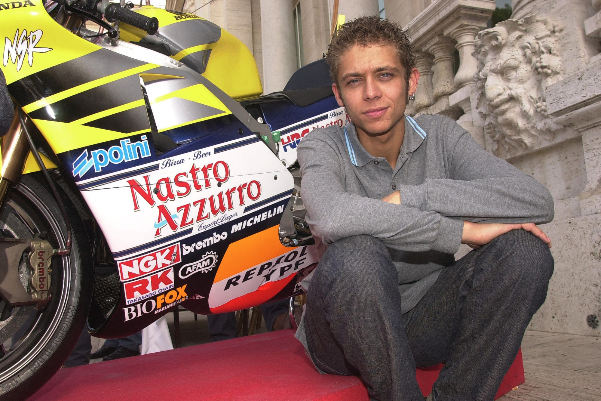 Valentino Rossi with the NSR500 - a bike that he raced back when he was a part of the Honda team in 2001