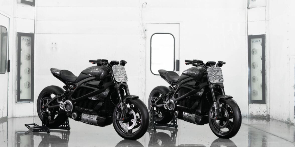 A view of the three electric motorcycles held at Autopia 2099: SMCO's flat-tracker-inspired LiveWire Ones