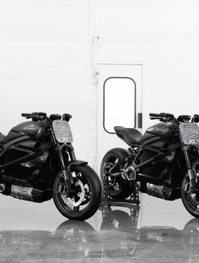 A view of the three electric motorcycles held at Autopia 2099: SMCO's flat-tracker-inspired LiveWire Ones