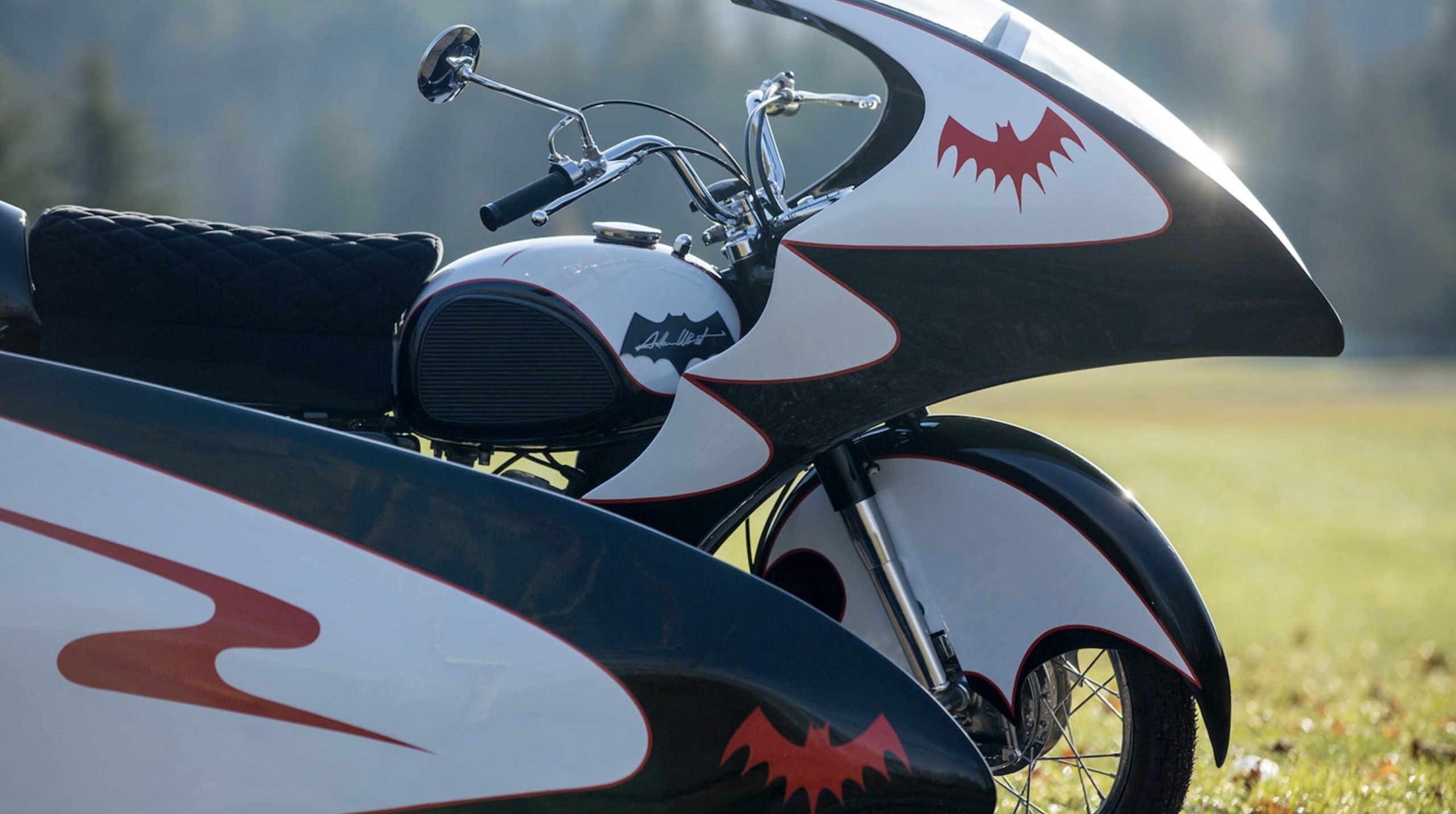 The Replica BatCycle about to go on auction, complete with Robin Go-Cart sidekick unit