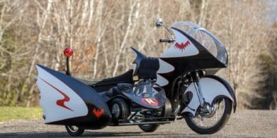 The Replica BatCycle about to go on auction, complete with Robin Go-Cart sidekick unit