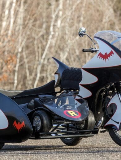 The Replica BatCycle about to go on auction, complete with Robin Go-Cart sidekick unit