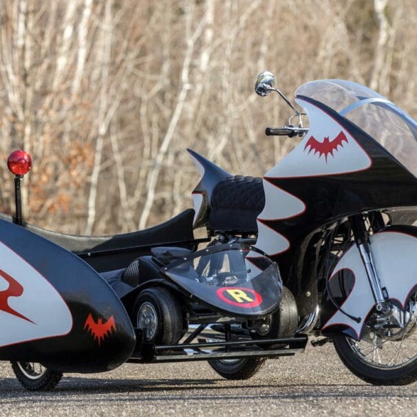 The Replica BatCycle about to go on auction, complete with Robin Go-Cart sidekick unit