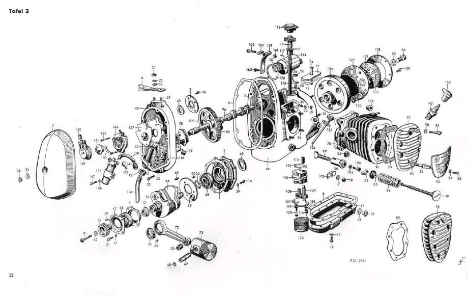 An exploded view of the BMW R71 engine