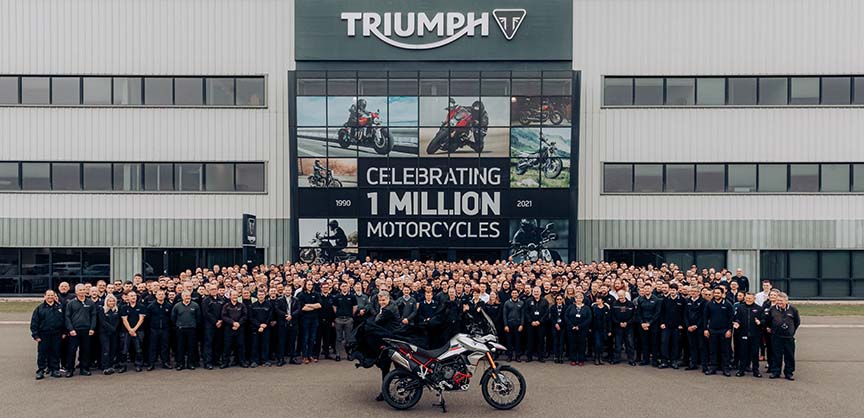 Triumph's Hinckley headquarters celebrating their millionth bike to roll off the belt