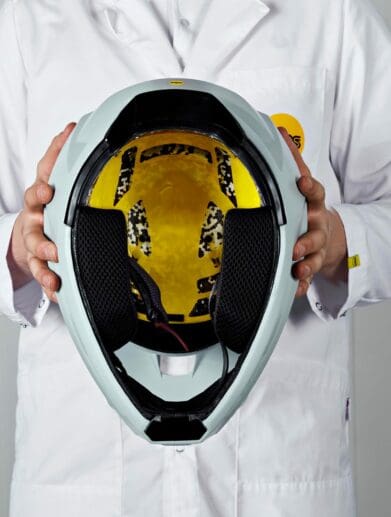 a view of a motorcycle helmet with the Mips safety system inside