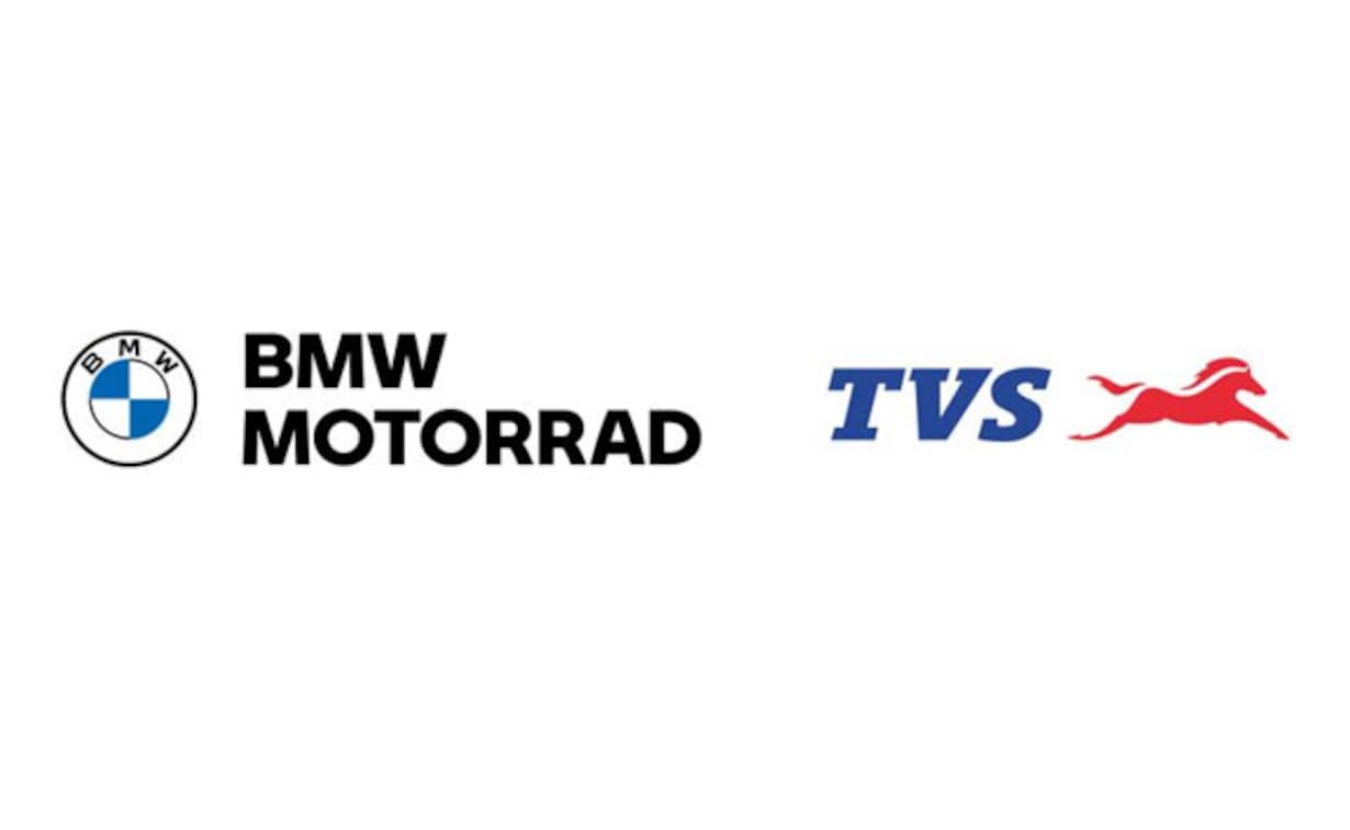 A view of the BMW and TVS logos together, in symbolism of the upcoming partnership between the two companies