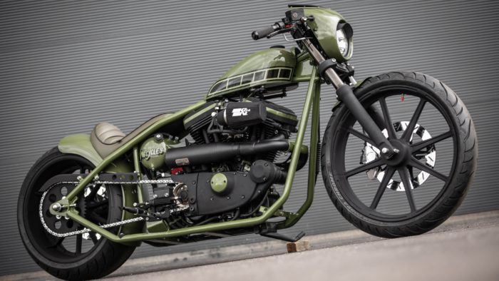 A view of the newest custom project from MB Cycles: A Glemseck 101 stripped with a Buell M2 Cyclone engine, and given a hardtail/bobber aesthetic