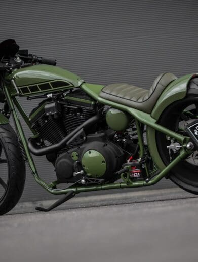 A view of the newest custom project from MB Cycles: A Glemseck 101 stripped with a Buell M2 Cyclone engine, and given a hardtail/bobber aesthetic