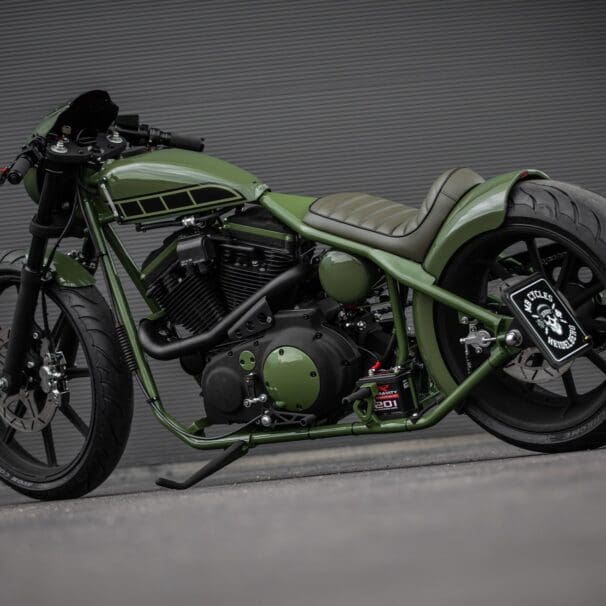 A view of the newest custom project from MB Cycles: A Glemseck 101 stripped with a Buell M2 Cyclone engine, and given a hardtail/bobber aesthetic