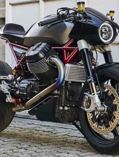 A view of the custom Moto Guzzi Griso that Sasha Lakic from Blacktrack motors created