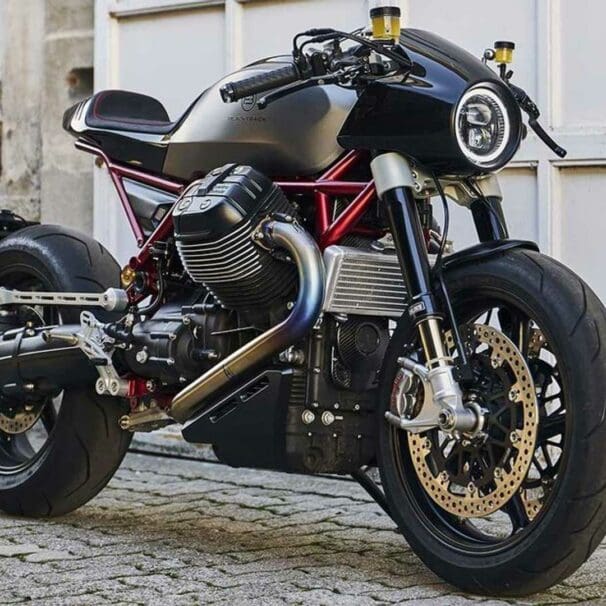 A view of the custom Moto Guzzi Griso that Sasha Lakic from Blacktrack motors created