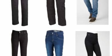 Collage of men's and women's motorcycle pants