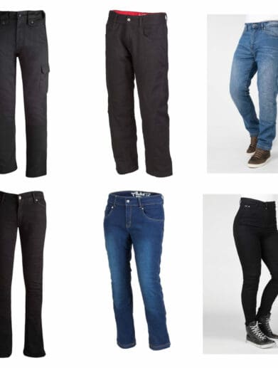 Collage of men's and women's motorcycle pants