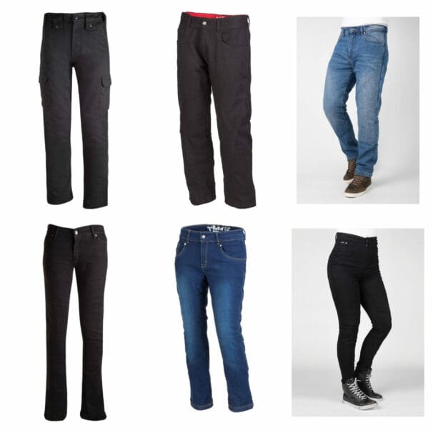 Collage of men's and women's motorcycle pants