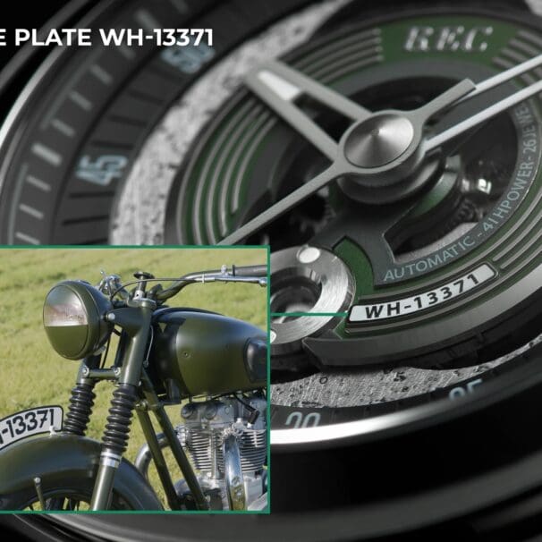 A view fo the new TTT Great Escape watch from Rec Watches, featuring elements from Steve McQueen's 1962 Triumph R6 trophy.