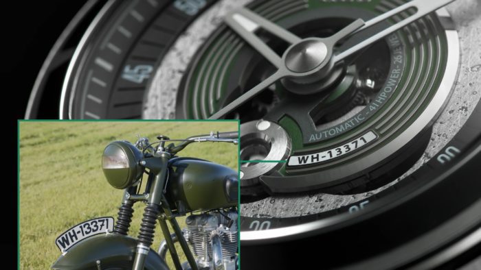 A view fo the new TTT Great Escape watch from Rec Watches, featuring elements from Steve McQueen's 1962 Triumph R6 trophy.