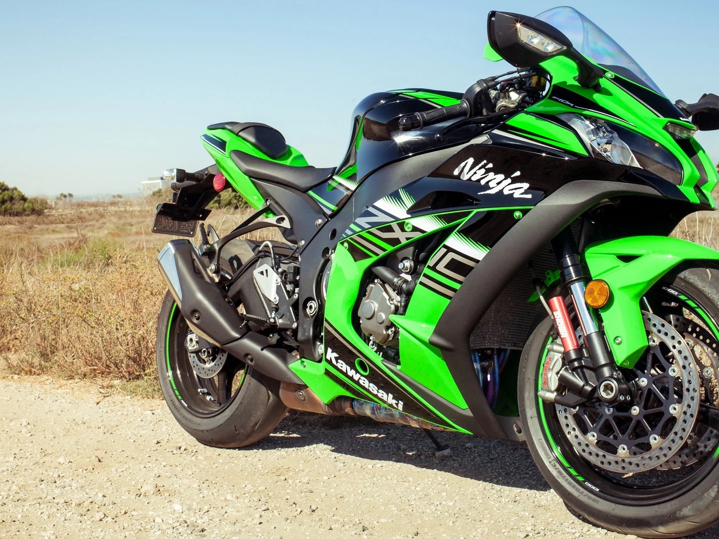 A side view of a. Kawasaki ZX-10R, stock.