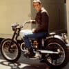 A view of Arthur Herbert Fonzarelli, better known as ‘Fonzie’ or ‘The Fonz’ in TV hit show ‘Happy Days’, with his 1949 Triumph Trophy 500